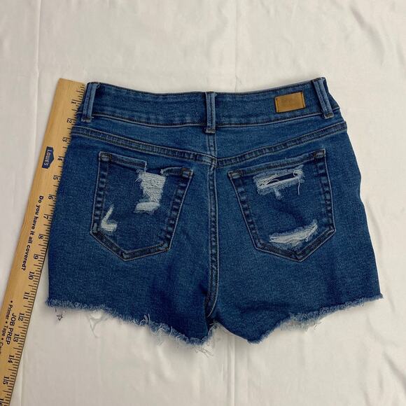 High Rise Button Fly Distressed Cut Off Shorts Sz 3/26 Blue Denim Simple Society - Picture 2 of 10